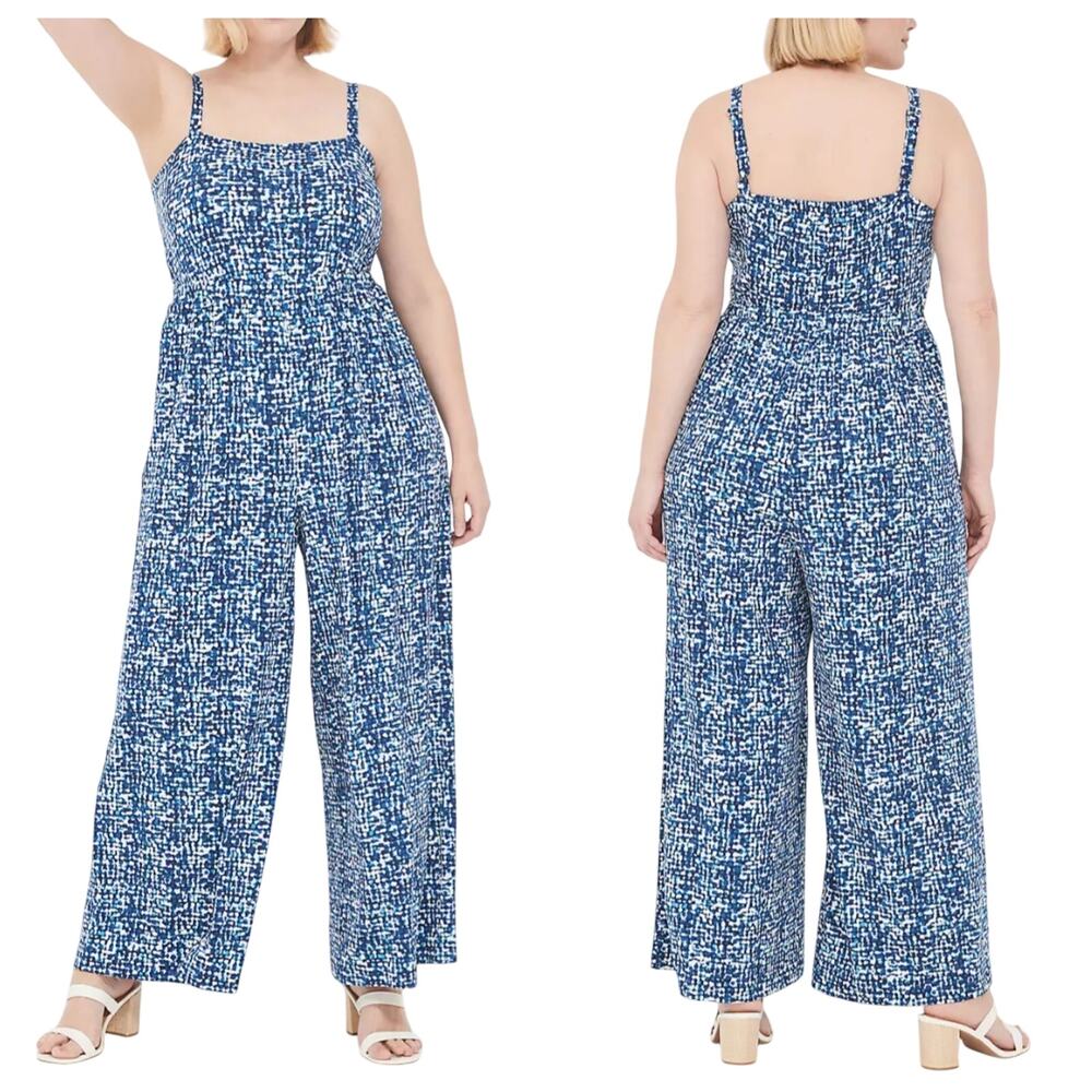 Lane Bryant Jersey Jumpsuit Wide Leg Empire Elastic Waist Blue White Size 18/20